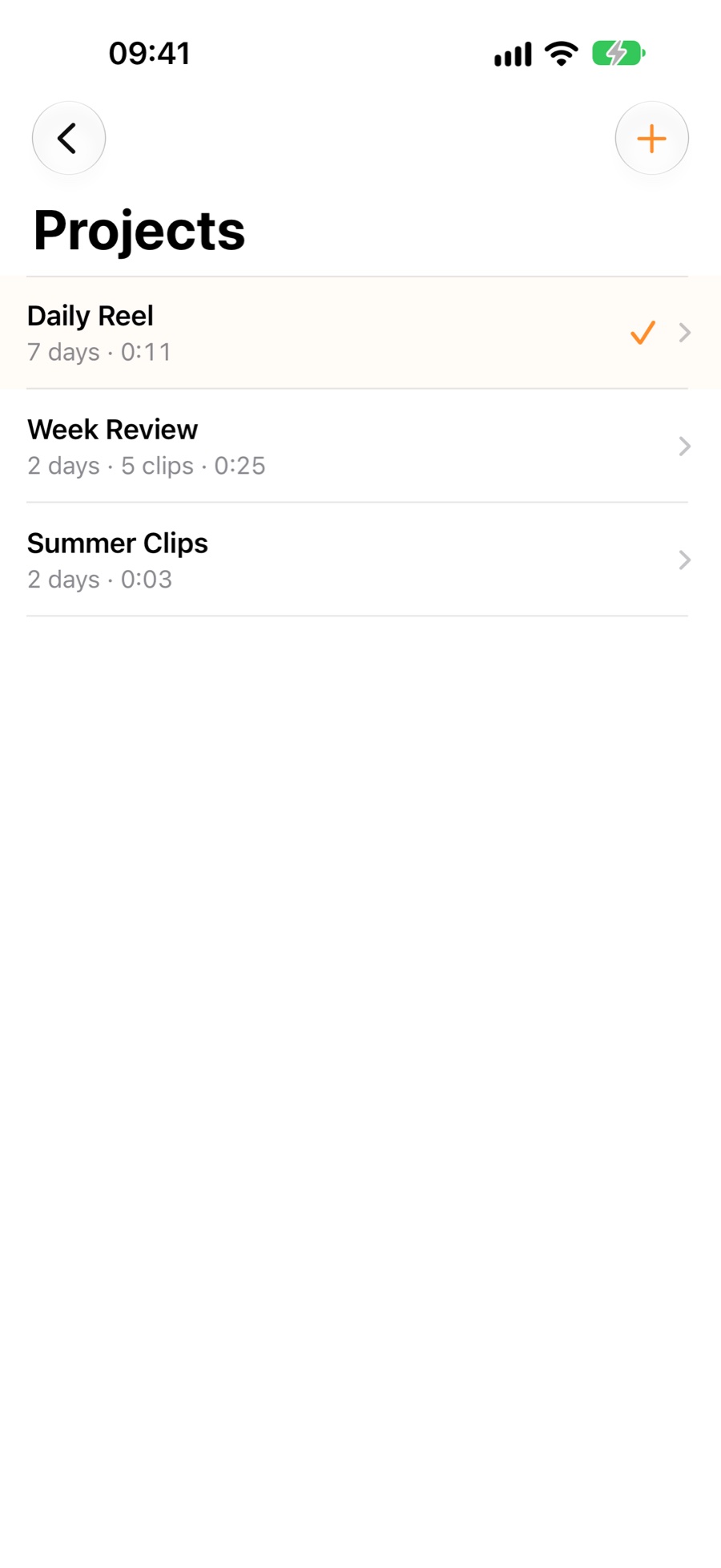 Projects list with a daily reel, a week review, and summer clips